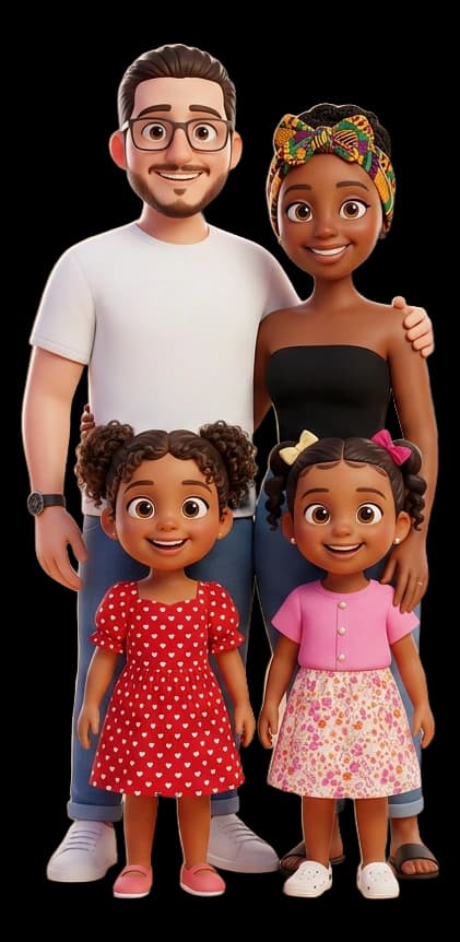Alexis, Nissia et leurs filles Alessya et Aëlyah, en personnages cartoon