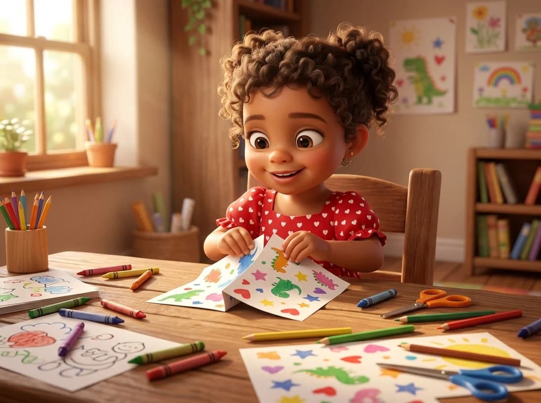 Alessya plie une feuille en deux sur la table