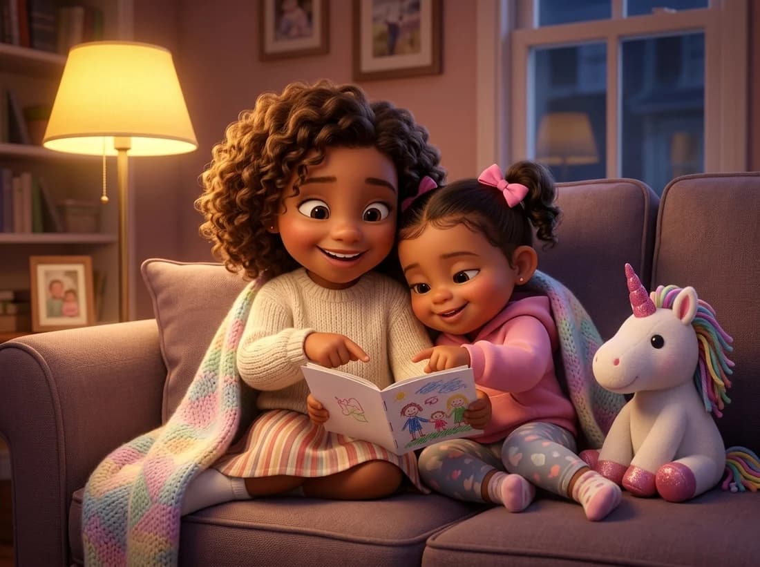 Alessya et Aëlyah lisent ensemble le petit livre qu'elles ont fabriqué
